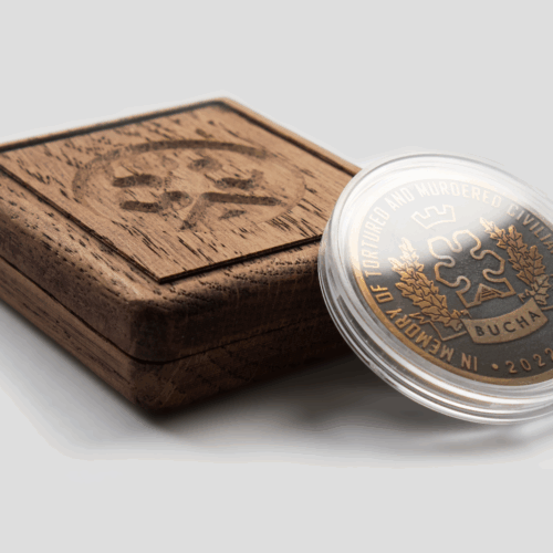 Ukraine 2022 Coin region Bucha Oak case, Hostomel, Irpin - Cities of Heroes