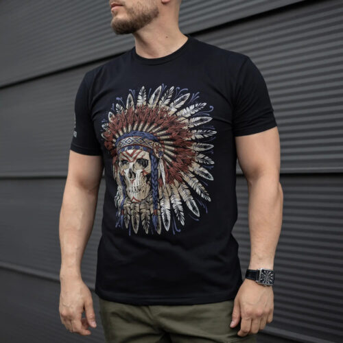 Man's T-shirt Indian Skull  Biker Brutal. War in Ukraine Patriotic