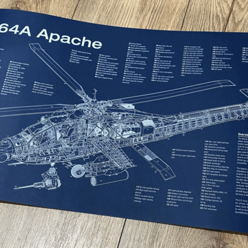 Poster AH-64 Apache helicopter  Blueprint. Thick blue paper