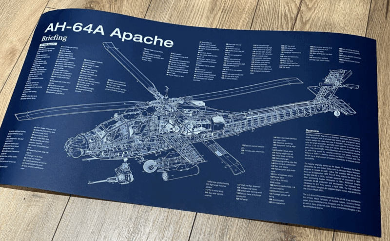 Poster AH-64 Apache helicopter  Blueprint. Thick blue paper