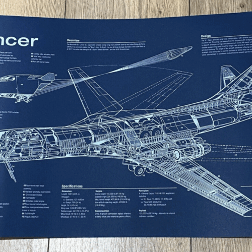 Poster B-1 Lancer Bomber Blueprint. Thick blue paper