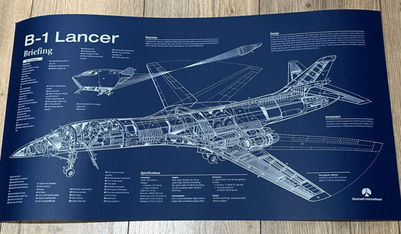 Poster B-1 Lancer Bomber Blueprint. Thick blue paper