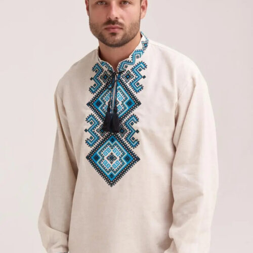 Men’s Cotton Shirt Traditional Ukrainian Vyshyvanka Embroidery "Svyatoslav blue"