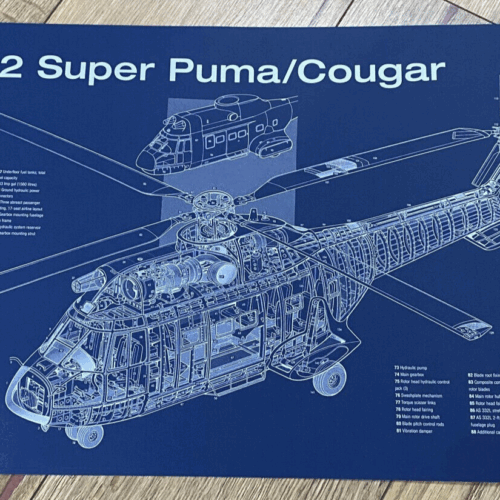 Poster AS 332 Super Puma helicopter Blueprint. Thick blue paper