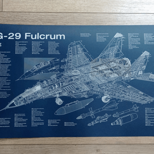 Poster Mig-29 Fulcrum fighter Blueprint. Thick blue paper