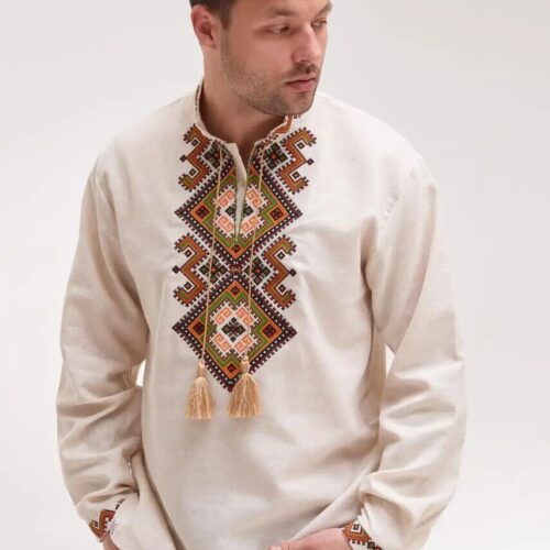Men’s Cotton Shirt Traditional Ukrainian Vyshyvanka Embroidery Svyatoslav beige