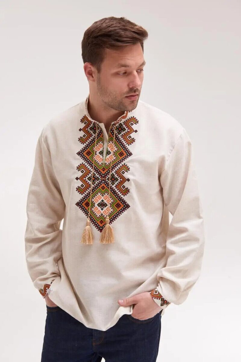 Men’s Cotton Shirt Traditional Ukrainian Vyshyvanka Embroidery Svyatoslav beige