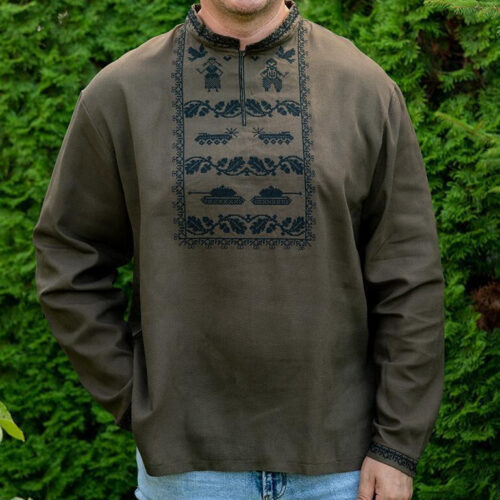 Men’s Khaki Linen Shirt ZELENSKYY Traditional Ukrainian Vyshyvanka Embroidery
