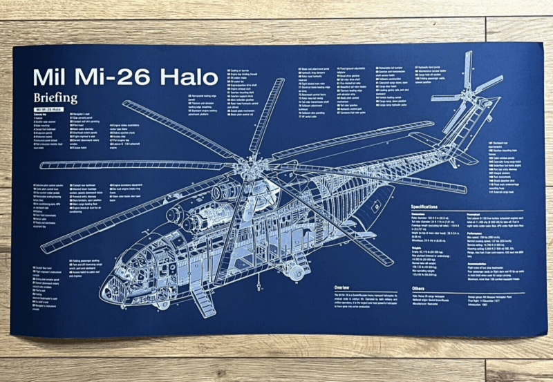 Poster Mi-26 Halo helicopter Blueprint. Thick blue paper